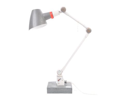 EDL - An original 20th Century retro vintage industrial factory work desk table lamp having an enamel shade on adjustable ang