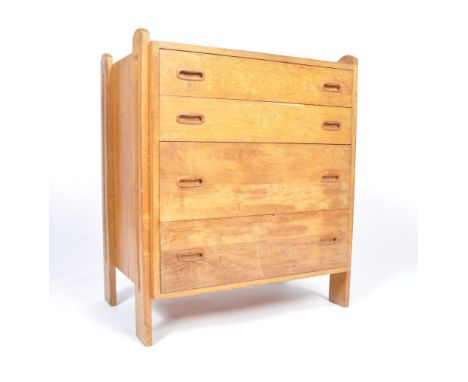 An original mid 20th Century retro vintage golden oak chest of drawers having a bank of two drawers above two deep drawers, e