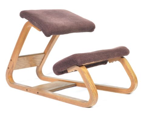 Stokke - An original 20th Century Danish retro vintage ergonomic kneeling chair of bentwood construction with burgundy fabric