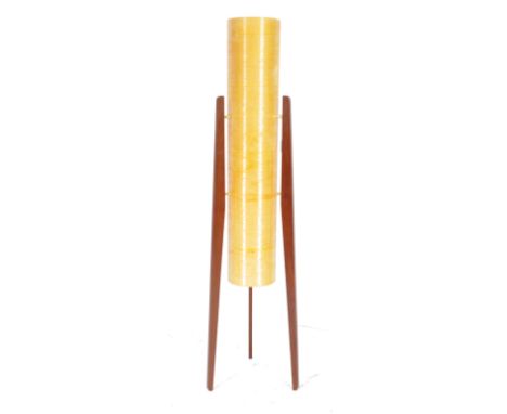 Rocket Lamp - A 1970's retro vintage teak wood and spun fibreglass floor standing lamp comprising of a double bulb fitted cen