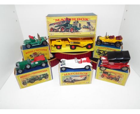 Matchbox - six diecast models comprising KW-Dart Dump Truck # K-2, Model-T Ford Y-1, Renault Y-2, 4.5 litre Bentley Y-5, Merc