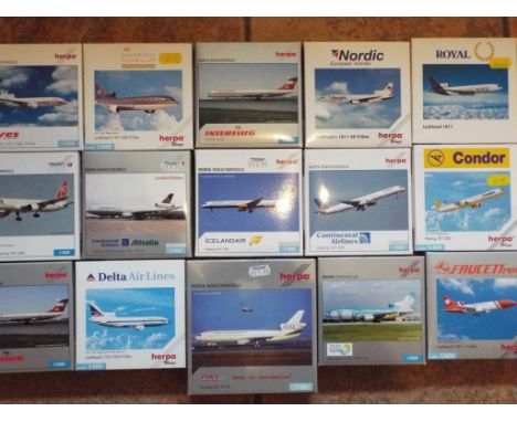 Herpa Model Aeroplanes - 15 diecast models of commercial airliners by Herpa, all in 1:500 scale, all models appear mint in or