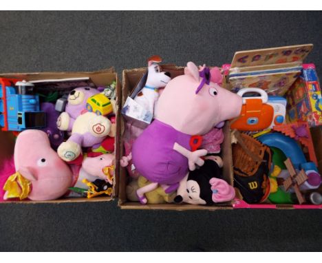 A good mixed lot comprising two boxes of cuddly toys to include Peppa Pig, Minnie Mouse and similar, a quantity of wooden puz