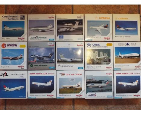 Herpa Model Aeroplanes - 15 diecast models of commercial airliners by Herpa, all in 1:500 scale, all models appear mint in or