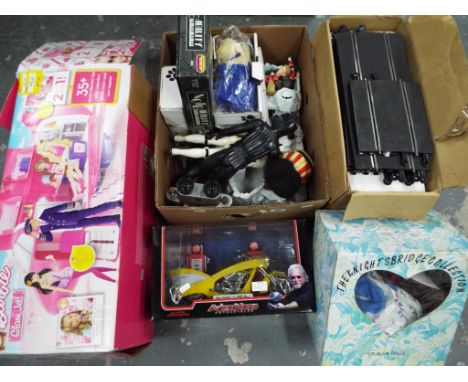 Five boxes containing a mixed lot to include a Barbie Glam Jet, a dressed modern doll from the Knightsbridge Collection, a di