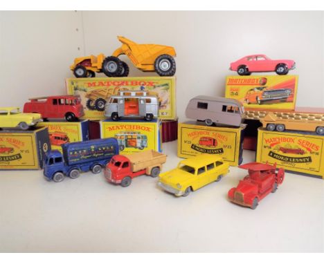 Matchbox Series Moko / Lesney - a small collection of diecast models comprising Fire Truck # 9, Trailer # 16, Caravan # 23, V