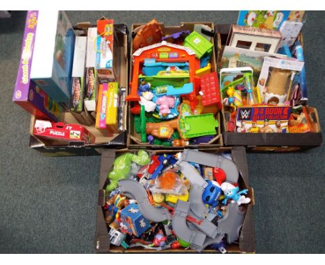 A good mixed lot to include three boxes containing  a children's Giant Art Centre, puzzles, farmyard play set, wooden puzzles