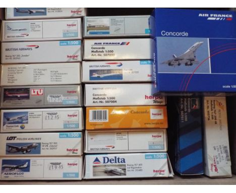 Herpa Model Aeroplanes - 15 diecast models of commercial airliners by Herpa, all in 1:500 scale, all models appear mint in or