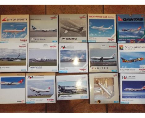 Herpa Model Aeroplanes - 15 diecast models of commercial airliners by Herpa, all in 1:500 scale, all models appear mint in or