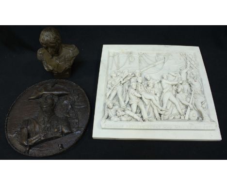 An unglazed composite ceramic relief-moulded square plaque depicting the Death of Nelson, 36x35cm, together with a bronzed re