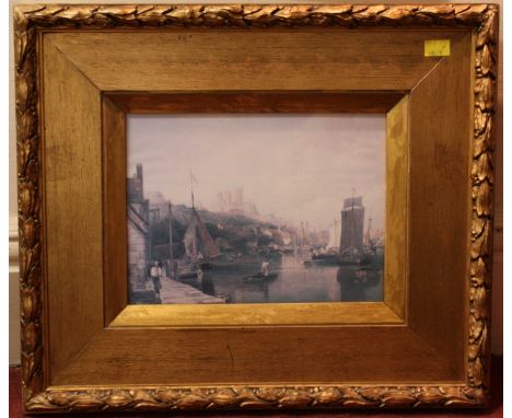 A Victorian gilt gesso picture frame, decorated with flowers and berries, containing a print.