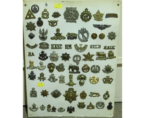 A collection of 68 military cap badges, including Royal Sussex, RASC, RAOC, 11th Hussars, Royal Corps of Signals, US Army Fli