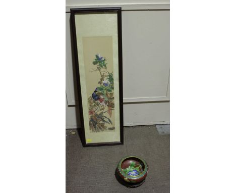 A Cloisonné bowl decorated with peony flowers to an iron red ground, on pierced and carved stand, together with a print after