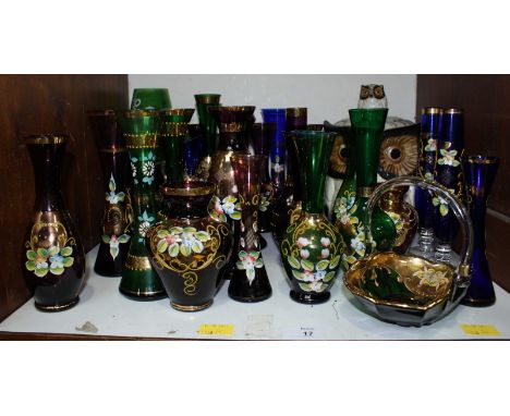 SECTION 17. A large collection of Murano coloured glass vases, painted with enamel flowers, together with a novelty Owl potte