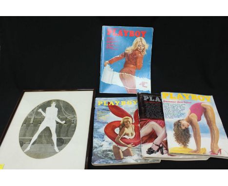 A group of four vintage Playboy magazines, 1972, 1974, 1975 & 1980, together with a Vallee print of a women exercising. (5)