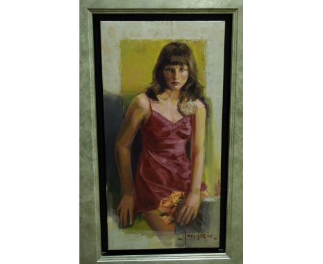 Modern Russian Impressionist School.  Three-quarter length portrait of a young girl wearing a short scarlet dress, indistinct