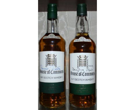 Two bottles of House of Commons 12 year old No. 1 Scotch whisky, one signed by Margaret Thatcher, the other by Douglas Hurd. 