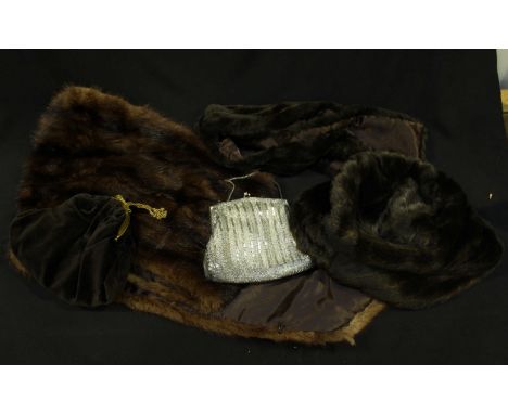 A Mink fur stole, together with faux fur hat and scarf and two evening bags.