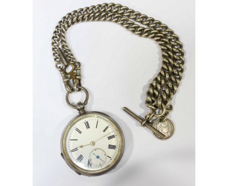 A Victorian Continental silver pocket watch, together with a heavy silver graduated double Albert chain.