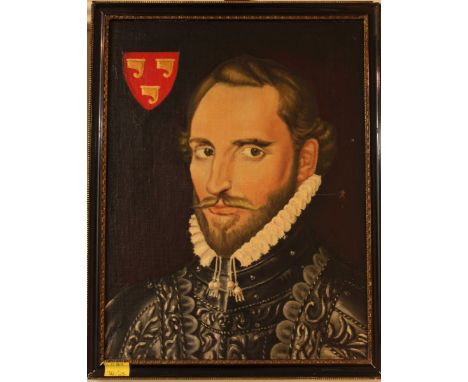 A portrait of Vice Admiral Sir Richard Grenville 1542-91, unsigned, oil on board, inscribed verso, "Painted in 1915 by Comman