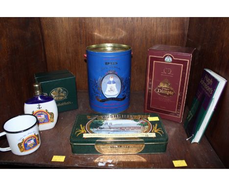 A bottle of Dimple 15 year old Scotch whisky, together with a bottle of British Navy Pusser's Rum with enamel cup, a Bells Ch