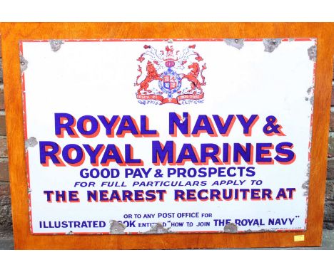 An early 20th century enamel advertising recruitment sign for the Royal Navy & Royal Marines, by Patent Enamel Co, Birmingham