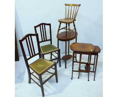 A pair of mahogany bedroom chairs, together with a child’s beech wood stick back chair, an Edwardian mahogany oval occasional