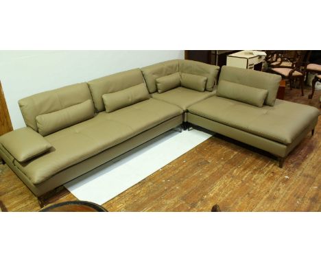 An "as new" RocheBobois of Paris "Scenario" Corner Composition suite in light mushroom brown leather with stainless steel fee