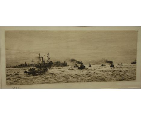 W.L. Wyllie (1851-1931), black and white etching of Naval boasts out to sea, 12 x 27cm.