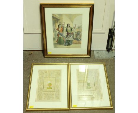 A pair of 19th century Indian illuminated watercolour kneeling figures within gardens, 32x19cm, together with a 19th century 