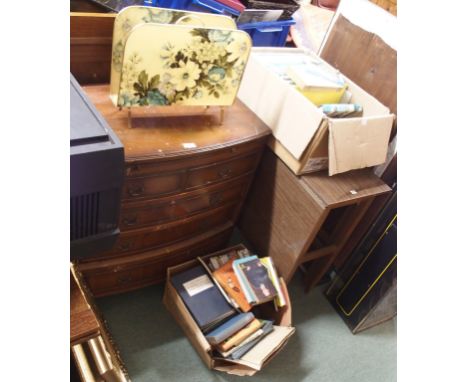 A bow front chest of drawers, table mirrors books etc Condition Report: Available upon request