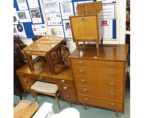 A Lebus mid-Century dressing table, chest of drawers, stool, bedside cabinet, teak nest of tables and a bureau (6) Condition 