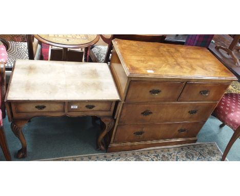 A walnut side table with drop flaps and a walnut  two over three chest of drawers, 76cm high x 80cm wide x 44cm deep (2) Cond