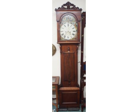 A mahogany longcase clock with painted face, the four seasons, Burns and the muse, "J R &amp; W Laing, Glasgow" Condition Rep