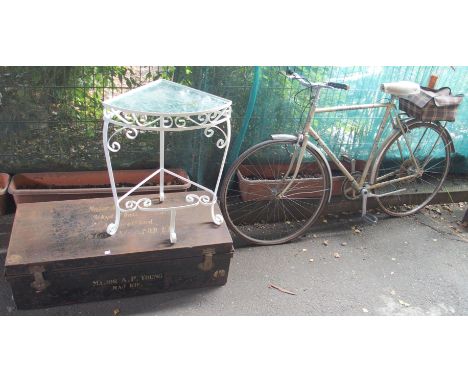 An Elswick Sovereign Centenary vintage bicycle, metal truck "Major A. P. Young RAJ, RIF" and a metal corner table (3) Conditi