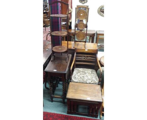 A small oak gateleg table, oak nest of tables, armchair and a cake stand (4) Condition Report: Available upon request