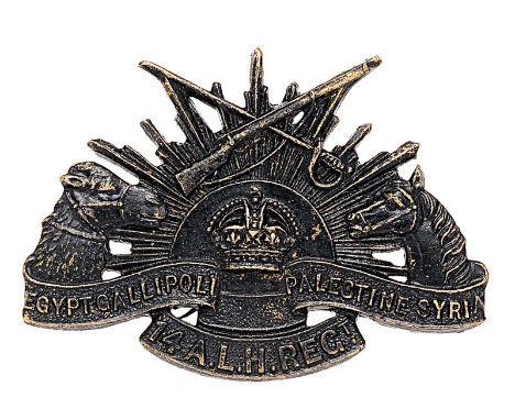 14th Australian Light Horse AFI WW1 collar badge by Gaunt.  Good scarce die-stamped blackened unofficial issue. As General Pa