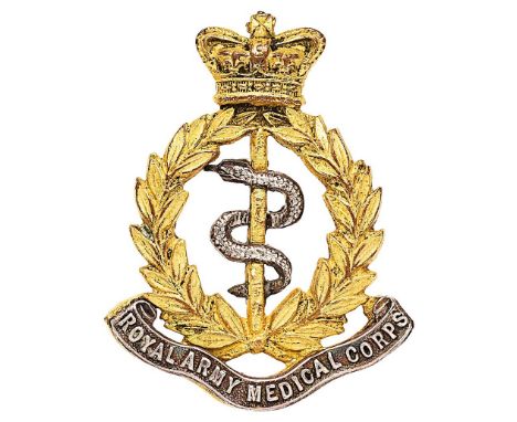 Royal Army Medical Corps Victorian Officer cap badge circa 1898-1901  Fine die-cast gilt crowned laurels on silver title scro
