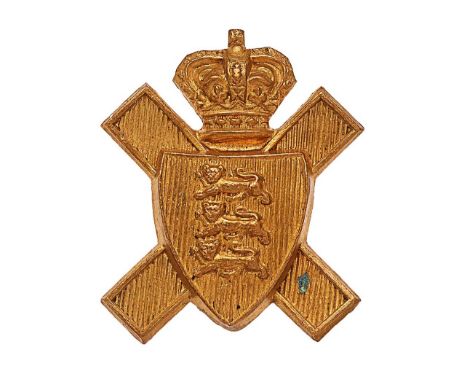 Royal Jersey Light Infantry Militia Victorian cap badge. Good die-stamped brass crowned saltire bearing lined shield charged 