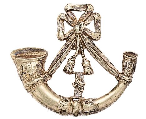 1st Berkshire Rifle Volunteer Corps Victorian Officer pouch badge.  Fine scarce die-stamped silvered strung bugle with foliat