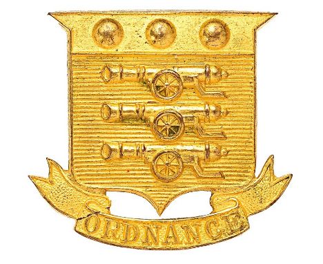 Army Ordnance Department pre 1918 Officer cap badge.  Fine scarce die-cast Board of Ordnance shield on ORDNANCE scroll.   . B