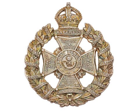 Rifle Brigade WW1 1916 Birmingham hallmarked silver Officer cap badge.   Fine die-cast crowned WATERLOO tablet on Maltese cro