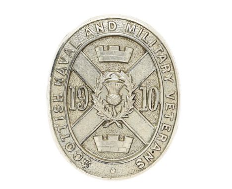 Scottish Naval and Military Veterans head-dress badge.  Fine scarce die-stamped white metal title oval with central saltire b