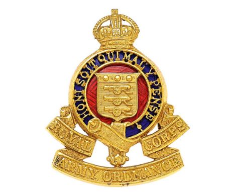 Royal Army Ordnance Corps Officer cap badge circa 1920-47. Fine die-stamped gilt crowned blue enamel backed pierced Garter re