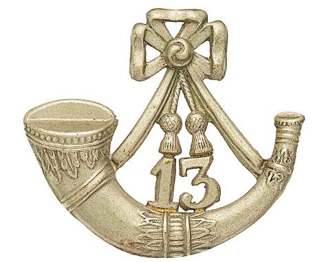 13th (Southport) Lancashire Rifle Volunteers Victorian glengarry badge.  Good scarce die-stamped white metal strung bugle; 13
