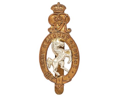 Army Remount Service WW1 3rd pattern cap badge.  Good scarce die-cast brass title oval surmounted by crowned GvR cypher; rear
