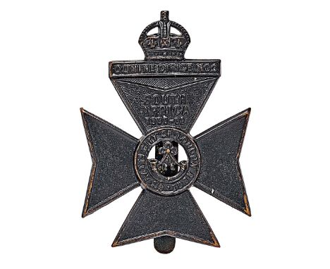 6th City of London Rifles cap badge circa 1908-35.  Good scarce die-stamped blackened brass crowned tablet DOMINE DIRIGI NOS 