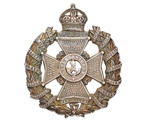 Rifle Brigade WW1 1917 Birmingham hallmarked silver Officer cap badge.   Fine die-cast crowned WATERLOO tablet on Maltese cro