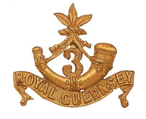 3rd Royal Guernsey Militia (South Regiment) (Light Infantry) Officer cap badge circa 1902.  Scarce die-stamped gilt bugle str