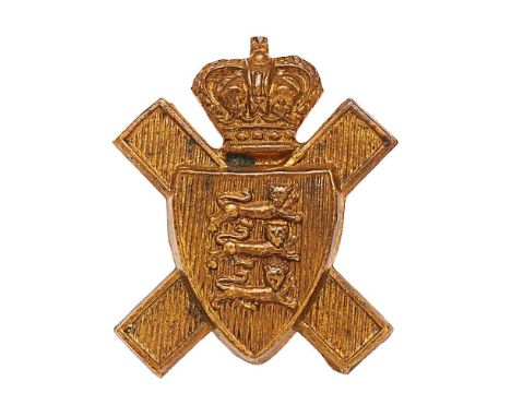Royal Jersey Light Infantry Victorian Channel Islands cap badge. Good die-stamped brass crowned saltire bearing lined shield 